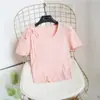 Suéter de renda vazada com cadarço e gola redonda de manga curta para o verão, camiseta slim fit curta feminina com manga bufante, blusa de base top