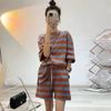 Traje deportivo informal a rayas para mujer, estilo coreano de verano, holgado, de talla grande, con camiseta de manga corta y pantalones cortos de pierna ancha, traje de dos piezas a la moda