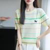 Nuevo Estilo Verano 2025 Bambú Lino Cuello Redondo Tejido Camiseta de Manga Corta para Mujer Rayas de Colores Bordado Perro Top