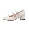 Versão em Pele de Ovelha ~ Bico Quadrado Couro Genuíno Tira com Strass Boca Rasa Sapatilhas para Mulheres Salto Grosso Retro Francês Mary Jane Sapatos Femininos