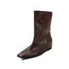 Botas de altura media para mujer, de piel de vaca de primera capa, nuevo estilo otoño e invierno, botines casuales de cuero suave sin cordones y punta cuadrada para mujer, color desgastado, talla 40
