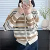 Cardigã suéter com zíper e listras arco-íris, estilo americano com gola alta, para mulheres, top de malha vintage para outono e inverno de 2026, jaqueta casual