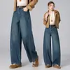 Calça Jeans Azul Retrô para Mulheres, Novo Design Emagrecedor de Cintura Alta para Outono, Calça Banana, Calça Wide Leg Scythe