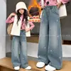 Calça jeans forrada com fleece para meninas, estilo outono e inverno, para meninas mais velhas, calça wide leg, calça de algodão espessa, tudo em fleece, calça reta infantil, inverno
