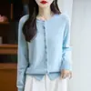 Cardigã de lã pura, novo estilo outono/inverno, suéter de gola redonda, peça de tricô da moda com botões de cristal, blusa de botão fresca e colorida