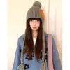 Chapéu de Tricô Floral Estilo Coreano para Mulheres, Chapéu Lei Feng de Lã com Pompom para o Inverno, Circunferência da Cabeça Grande, Chapéu de Lã à Prova de Frio e Quente