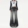 Yechuan # Jeans Boca de Sino Desgastado Preto e Cinza para Mulheres, Tamanho Petite, Novo Outono e Inverno de Cintura Alta, Calças Boca de Sino Não Apertadas.
