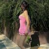 Europeo y Americano Transfronterizo Nuevo Sexy Rosa Strapless Cuello de un solo hombro Letra Pedrería Ajustado Chica Caliente Vestido con volantes Mujer
