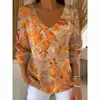 Estación Independiente Transfronteriza Europea y Americana Nueva Camiseta de Moda para Mujer Estampado 3D Color Degradado Cuello en V Manga Larga Top Verano Europeo y Americano