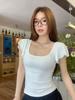 Camiseta Blanca de Puro Deseo con Cuello en U y Mangas Cortas para Mujer, Nuevo Estilo Verano 2025, Corte Ajustado, Ceñida a la Cintura, Color Sólido, Sexy, Favorecedora, Top Versátil