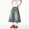 Shorts Jeans Lavado com Estampa de Estrelas Transfronteiriços para Homens e Mulheres, Calças Cropped Desgastadas Tendência de Verão, Calças Casuais Largas de Comprimento Médio
