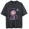 Camisetas Genshin Impact para Homens Mulheres Camisetas de Algodão Lavado Vintage