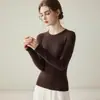 Nuevo Suéter de Punto Fino 100% Lana de Cuello Redondo Ajuste Delgado para Mujer Manga Larga Punto Base Otoño Invierno Color Sólido Top Versátil