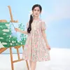Vestido para Meninas, Vestido de Verão em Seda Gelada, Estiloso Vestido Princesa Floral para Meninas Pequenas, Vestido Infantil com Manga Bufante, Vestido de Menina Escolar