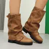Botas Femininas Casuais de Salto Baixo para Inverno Aliexpress 40-48 Tamanho Grande Fivela de Cinto Meio da Panturrilha