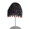 Sombrero de Punto Hueco Retro Hecho a Mano de Nicho para Mujer, Sombrero de Lana Transpirable de Verano con Lentejuelas, Cuentas y Borlas, Sombrero Turbante de Moda