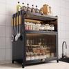 Prateleira de Armazenamento Multifuncional para Cozinha Fogão Multi-camada Montada na Mesa Armário de Armazenamento de Louças Prateleira de Temperos Doméstica Armário de Armazenamento à Prova de Poeira