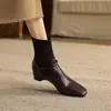 Botines bajos de cuero suave color Maillard con tacón de cuña de 5 cm para mujer, nuevos botines calcetín elásticos de punto de tacón medio para otoño e invierno con punta cuadrada