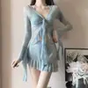 Maiô Princesa Fugitiva para Mulheres, Novo Biquíni Coreano Mais Vendido Conjunto de Quatro Peças, Saída de Praia Sexy de Manga Longa, Perfeito para Relaxar nas Fontes Termais