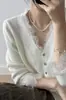 Nuevo cárdigan suéter de otoño con cuello en V para mujer, estilo coreano holgado, encaje fino, longitud corta, patchwork, manga larga, tejido de punto, capa base exterior