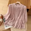 Camisa de algodão e linho lisa artística plus size para mulheres, novo estilo verão 2024, corte solto, emagrecedor, elegante, casual, top de algodão e linho