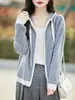 Novo Cardigã Suéter com Capuz 100% Lã Pura Feminino Top Solto Zíper Capuz Cor Contrastante Jaqueta Tricot Lazy