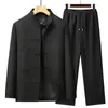 Traje Tang Masculino para Homens de Meia-Idade e Idosos Jaqueta de Pai com Bordado de Dragão Estilo Chinês Botão Conjunto de Duas Peças Outono e Inverno