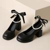 Sapatos de Couro Genuíno Macio Salto Grosso Elegante Laço Salto Alto Feminino 2024 Novo Estilo Francês Retrô Sapatos Mary Jane Feminino