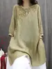 Top Pulóver de Algodón Lino Manga Corta Cuello Redondo Primavera Verano Nuevo Longitud Media Holgado Bordado Artístico Retro Camiseta para Mujer