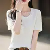 Nova camiseta de verão 100% algodão com gola redonda e listras de manga curta para mulheres, top básico de tricô slim fit estilo coreano moderno para mulheres