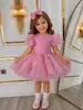 Vestido rosa de comercio exterior transfronterizo para niña con mariposa tridimensional, falda abullonada, vestido de princesa para niña de flor de bautizo de un año con mangas abullonadas