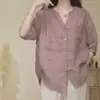 # 705 Camisa Delgada de Algodón y Lino de Verano Vintage para Mujer, Blusa Holgada de Cuello en V, Chaqueta Casual, Gris