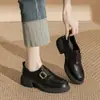 Sapatos Pequenos de Couro Genuíno Estilo Britânico Preto para Mulheres, Bico Redondo, Novo Modelo 2026, Primavera e Outono, Sola Grossa, Salto Alto Bloco, Mocassins de Calçar