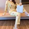 Pijama de nuevo estilo para mujer, otoño, dibujos animados, suelto, talla grande, lindo, verano, manga larga, pantalones, traje para estar en casa