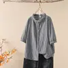 832 Camisa de Gasa de Algodón de Doble Capa a Cuadros de Manga Media con Cuello Pequeño, Nuevo Top Casual de Manga Corta para Mujer de Verano