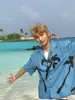 Camisa Masculina Manga Curta Estampada Azul Colarinho Cubano Estilo Verão Praia Férias Loose Casual