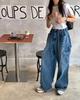 Moda Ins Coreana Primavera Nuevo Versátil Cordón Bolsillo Grande Unisex Holgados Pantalones Cargo Pantalones de Mezclilla Pierna Ancha para Mujer
