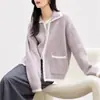 Suéter Jacket de Punto Cardigan con Cremallera y Solapa, Color Contrastante, Imitación Piel de Visón, Transfronterizo Europeo y Americano para Mujer, Nuevo, Holgado, Otoño e Invierno