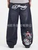 Comercio Exterior Transfronterizo Estilo Retro Americano Jeans de Calle Personalizados para Hombres y Mujeres con Estampado de Patrón, Pantalones Largos Rectos Sueltos de Pierna Ancha