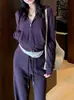 Sudadera con capucha corta para mujer, chaqueta casual con cremallera, cárdigan, top, pantalones largos de pierna ancha, conjunto de dos piezas