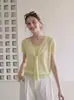 Blusa de tricô de verão feminina de manga curta com efeito xale, design vazado, estilo fino e delicado, casual, suéter afina-silhueta 300