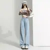 Jeans cinza cimento reto e justo para mulheres Primavera e Outono 2023 novo cintura alta pequeno calças de perna larga forradas com fleece outono e inverno