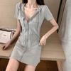 Vestido de Verano Americano Estilo Coreano Nuevo Slim con Capucha Cremallera Dulce y Salado Color Sólido Vestido de Manga Corta Falda Casual para Mujer