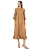 Vestido de Moda con Pliegues 2025 Nuevo Color Sólido Elegante Cuello Redondo Holgado Talla Grande Patchwork Manga Tres Cuartos Longitud Media para Mujer