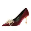 9527-H97 Zapatos Elegantes de Tacón Alto Estilo Francés para Mujer con Flores de Pedrería, Punta Fina, Boca Baja, Tacón Delgado, Zapatos sin Cordones
