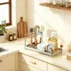 Estante de almacenamiento para baño de acero inoxidable estilo vintage con mango de madera de nogal, soporte para cepillo de dientes y pasta de dientes para encimera