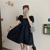 Vestido Hepburn Style Salt Sweet Elegant Goddess Style Vestido Francês Pequeno Gola Quadrada Manga Bolha Vestido Princesa A-line