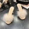 Novedad 2024 Estilo 11cm Tacón de Cristal Tacón Grueso Sandalias de una tira de Tacón Alto Estilo Hada Sandalias Peludas para Mujer Verano Ropa de Exterior