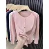 Cardigan Tricô Grosso de Cor Sólida com Gola Redonda Estilo Francês Doce para Mulheres Primavera Outono Novo Peça Externa Versátil Casual para o Trabalho