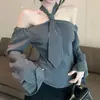 Elegante Diseño Europeo y Americano de Nicho Cuello Elegante Camisa de Manga Larga para Mujer Tirante Sexy Hombros Descubiertos Rayas Top Versátil